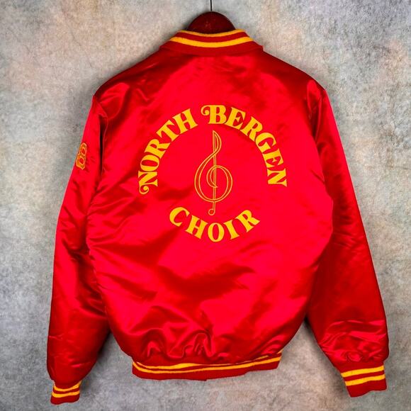 VTG 80s Satin Bomber Jacket Sz L Red Gold North Bergen Choir New Jersey Retro - Picture 2 of 8